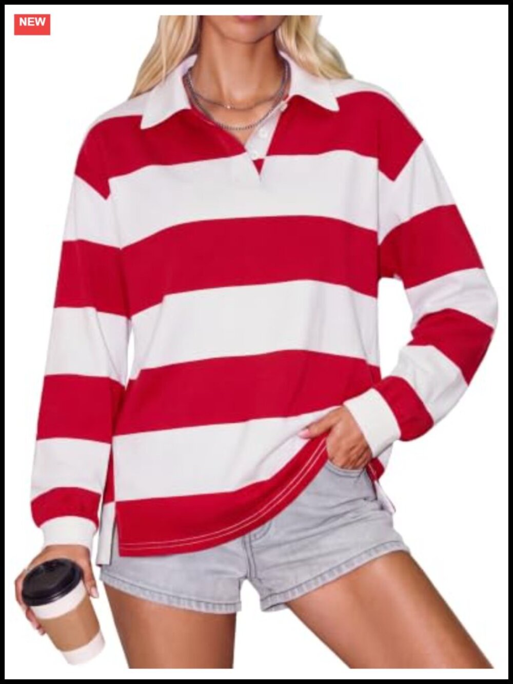 Women's Oversized Striped Polo Shirt V Neck Long Sleeve Cotton Blend
